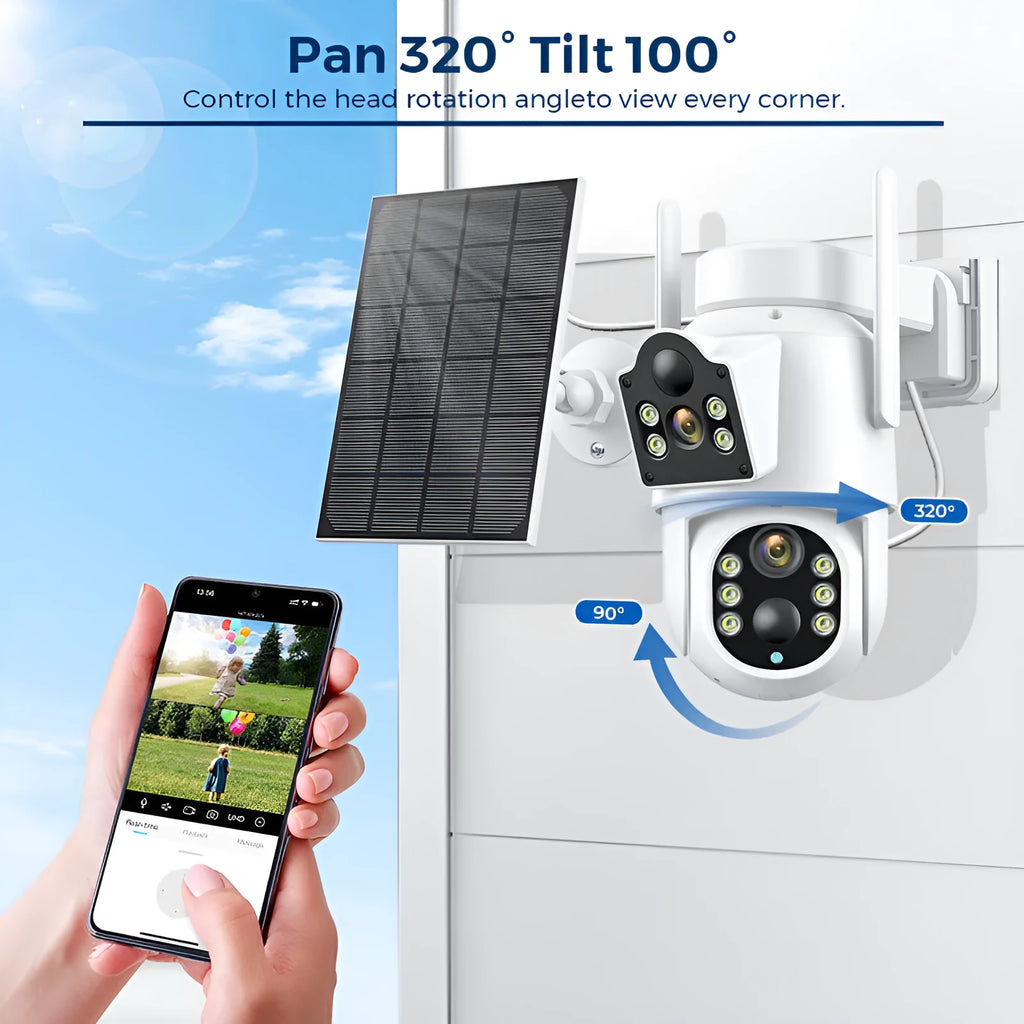Outdoor white solar-powered WiFi security camera with attached solar panel on wall mount.