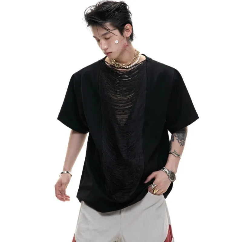 Men's loose black V-neck short sleeve t-shirt with three-dimensional cutting on a neutral background