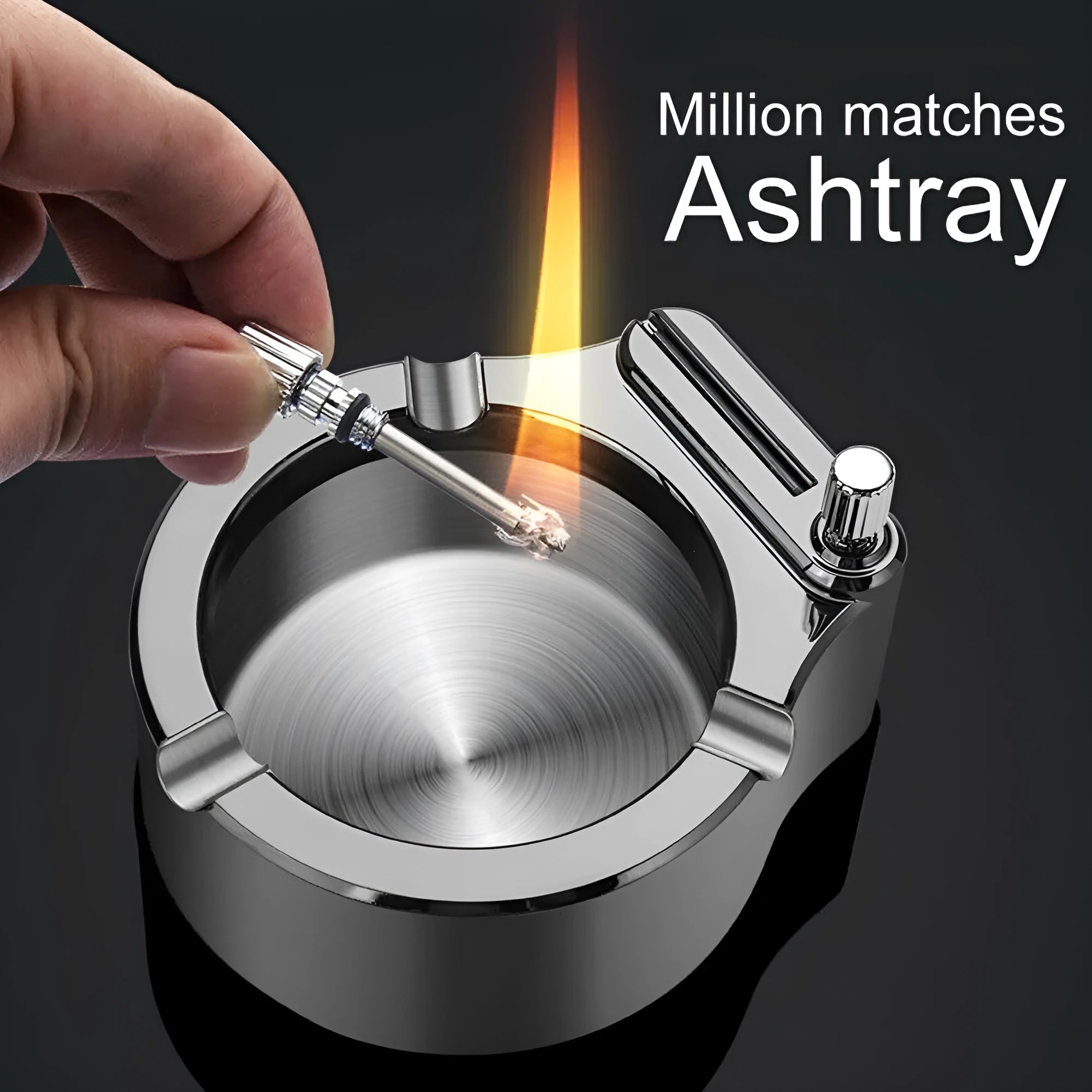 Large stainless steel ashtray with permanent match lighter in blue colour showing cigarette slots