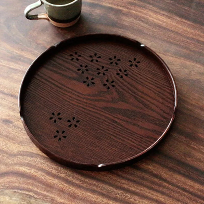 30cm wooden shallow plate with hollow cherry blossom Sakura design for serving desserts.