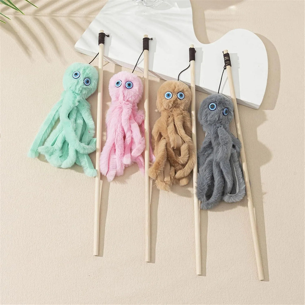Brightly coloured furry octopus cat toy attached to a long stick for interactive indoor play