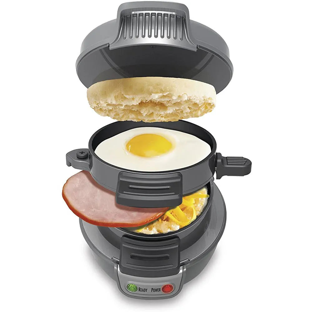 Bright red breakfast machine with sandwich maker, egg cooker ring and waffle maker functions