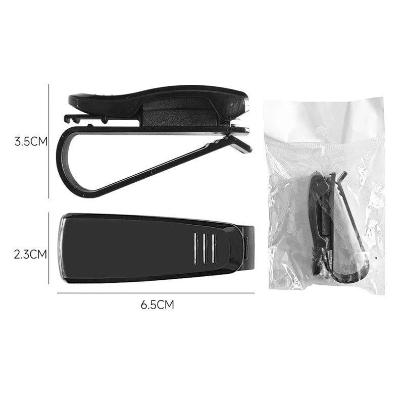 Black plastic clip holder for car sunshade to hold glasses, ID cards, and tickets.