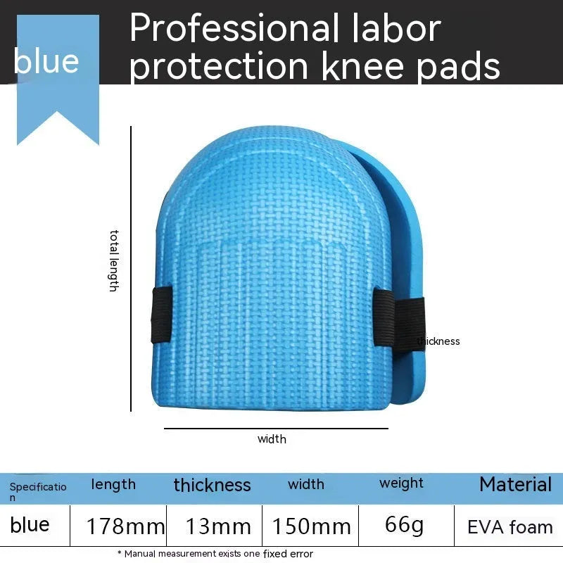 A pair of thick EVA foam kneepads in blue, shown on a hard floor surface.