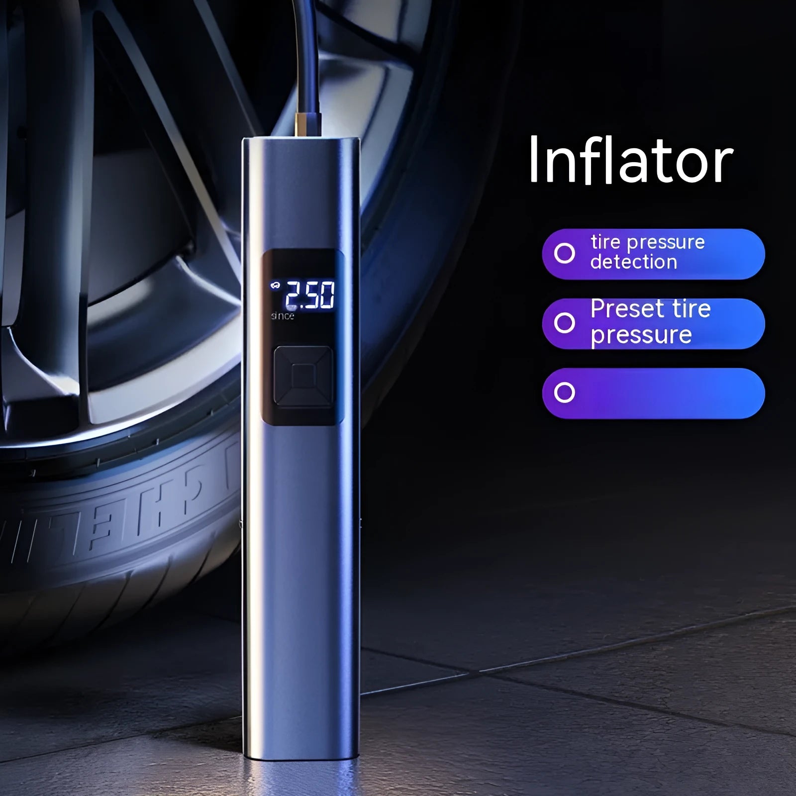 Black cylindrical wireless digital display car air inflator pump with vacuum hose and attachments on a grey background.