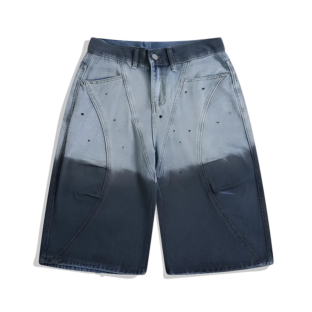 Blue tie-dye gradient cropped jeans with washed-out finish, loose fitting casual pants