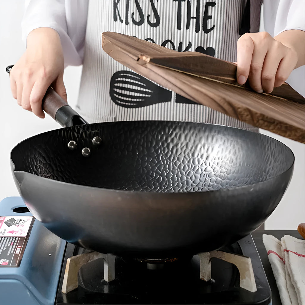 Traditional black iron wok pan with wooden handle and glass lid option