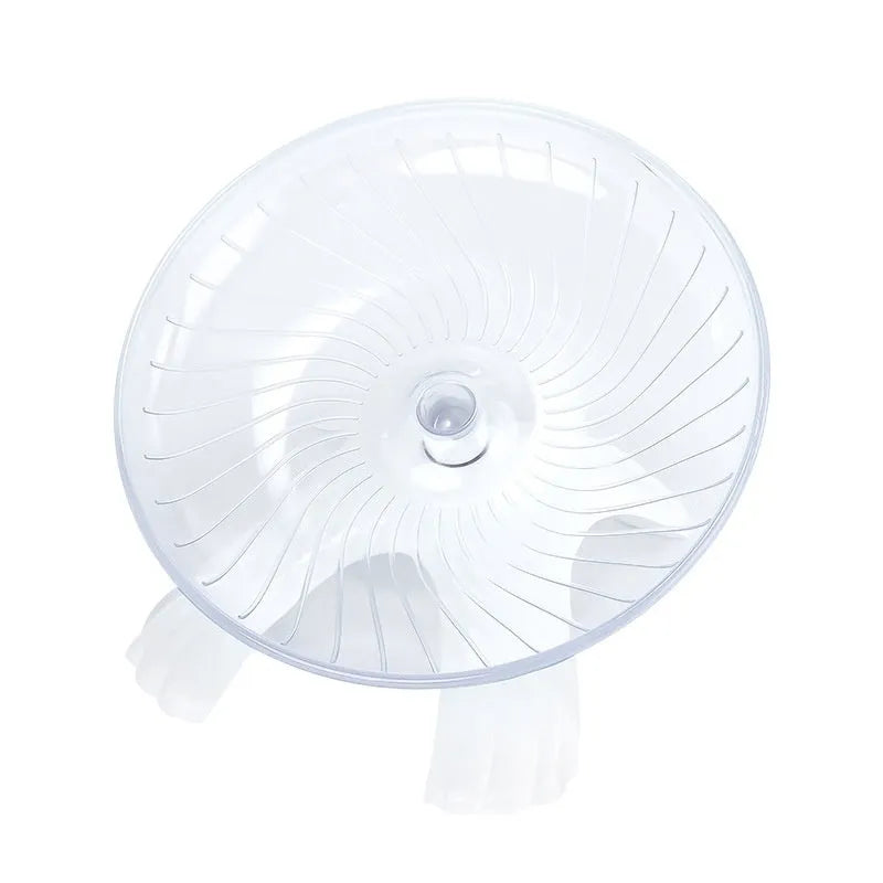 Plastic hamster running wheel in white with frisbee shape and no-stick foot surface for exercise