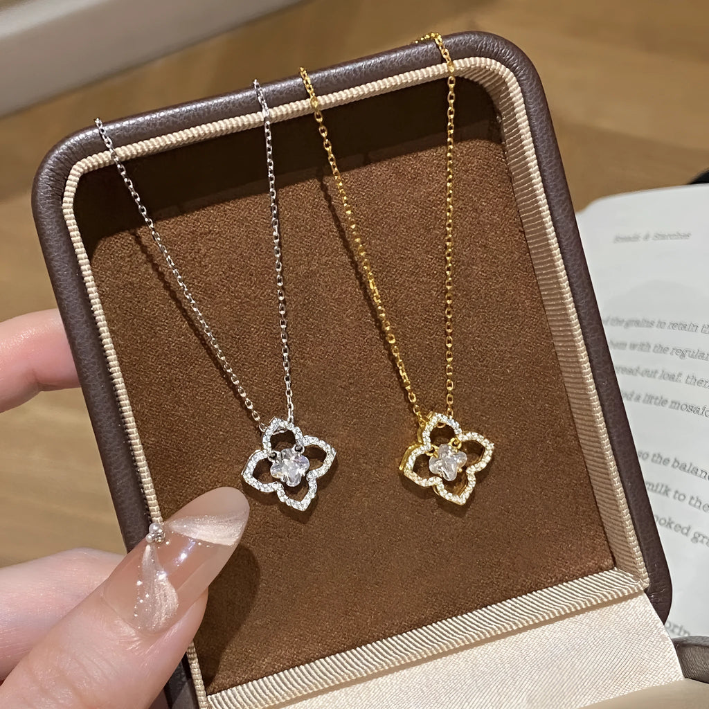 925 silver curb chain necklace with zirconium flower pendant in white gold colour, electroplated finish