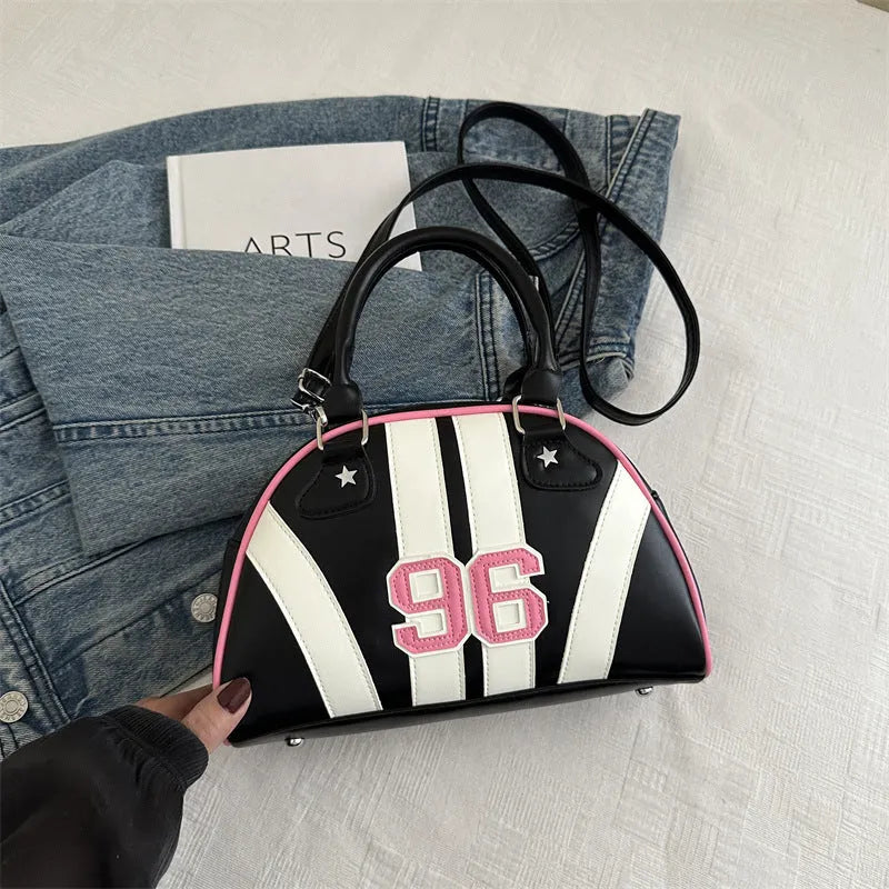 Colour blocking stripe contrast single shoulder bag in PU with stitching details, medium hardness dumpling shape