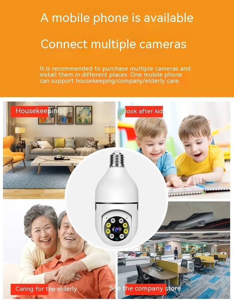 Wireless bulb security camera showing compact design with 1080p and night vision capabilities