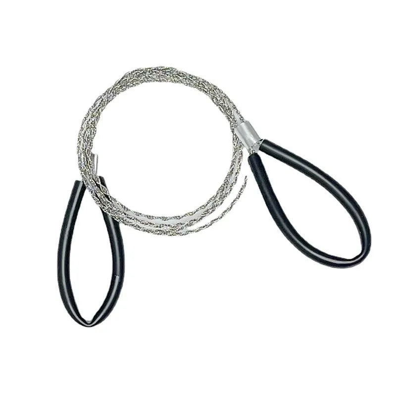 German stainless steel survival wire saw with leather hand case showing extended wire blade
