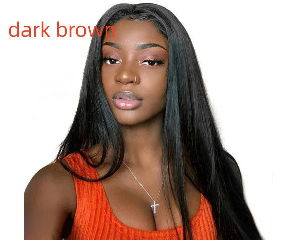 Long straight black wig with centre-parted bangs on a mannequin head