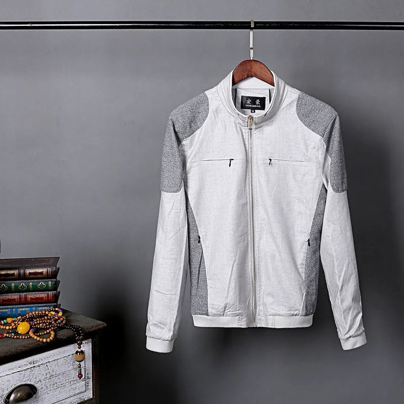 Men's thin heather grey cotton linen jacket shown on a model, regular fit for casual leisure wear.
