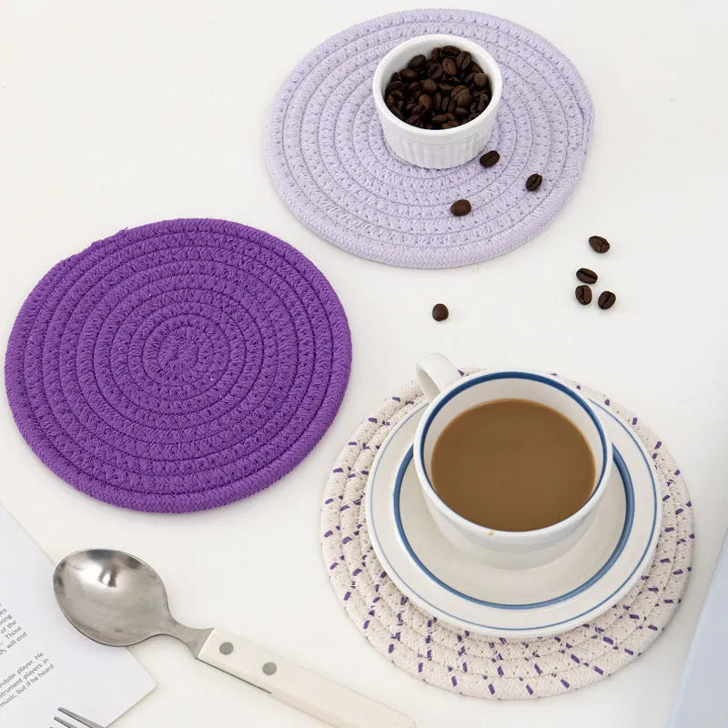 Cotton cord round coaster and placemat three-piece set in modern simple style with 18cm diameter