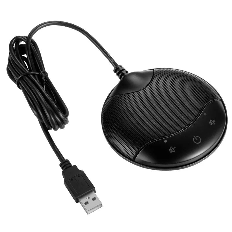 Black USB condenser microphone with capacitive interface for conference and gaming voice recording