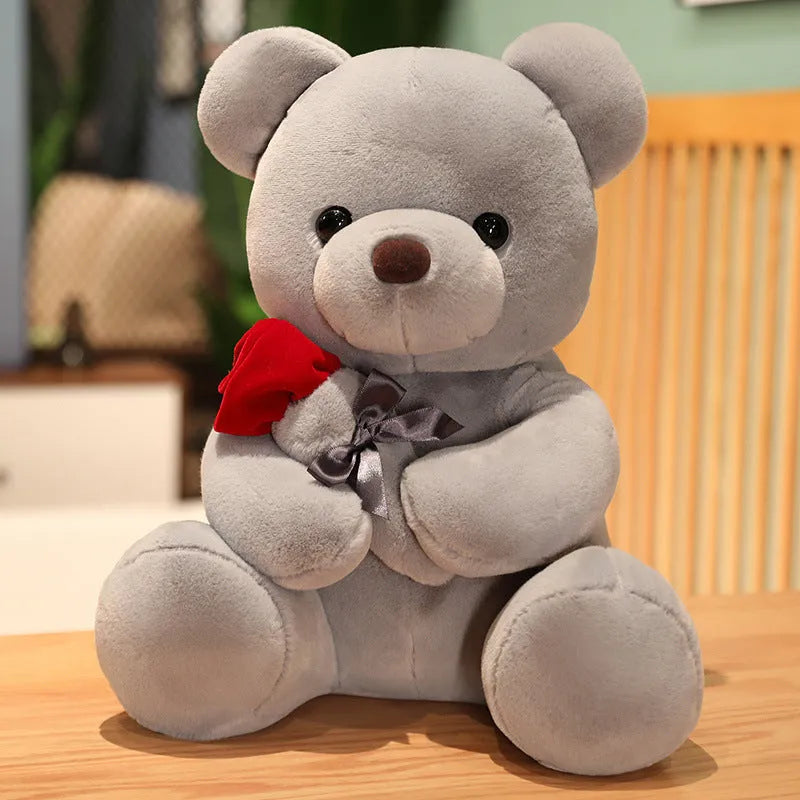 Rose bear plush teddy doll in beige, brown, or grey with soft short plush fabric
