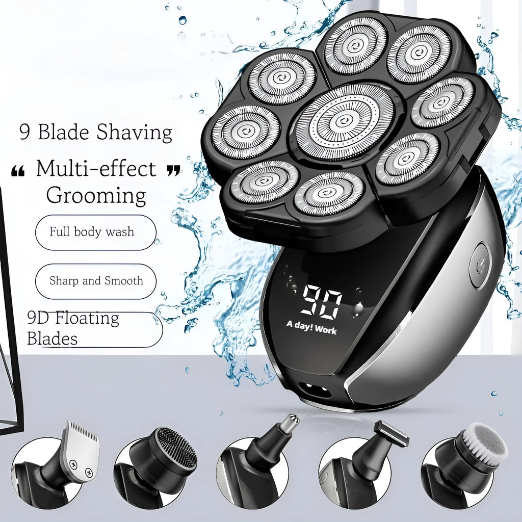 Black rechargeable 6-in-1 hair clipper and shaver kit with attachments displayed.