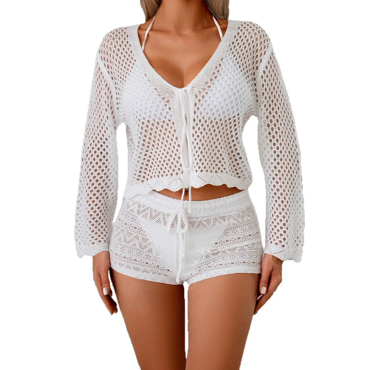 Short women's cardigan blouse with bell sleeves in hollow woven imitation cotton fabric.