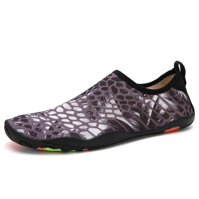 Beach wading shoes with stretch Lycra uppers and EVA midsoles in blue, black, pink, purple, and camouflage colours