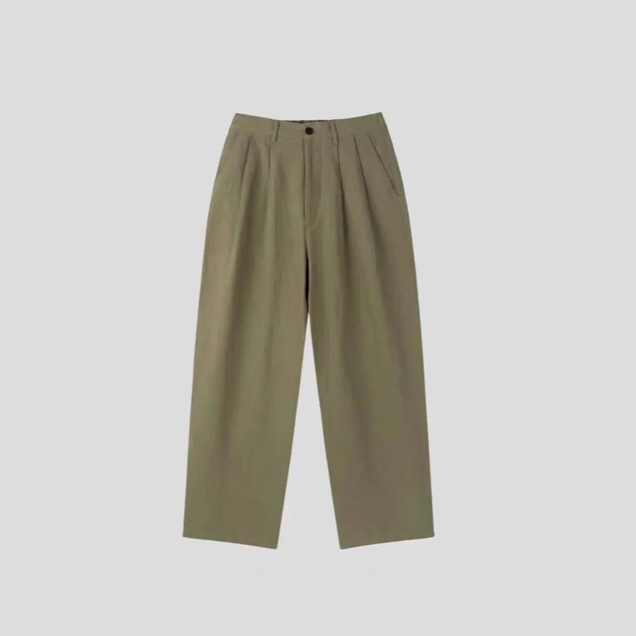 Men's lightweight cotton linen blend trousers in a loose fit, shown in apricot, army green, and purplish blue colours.