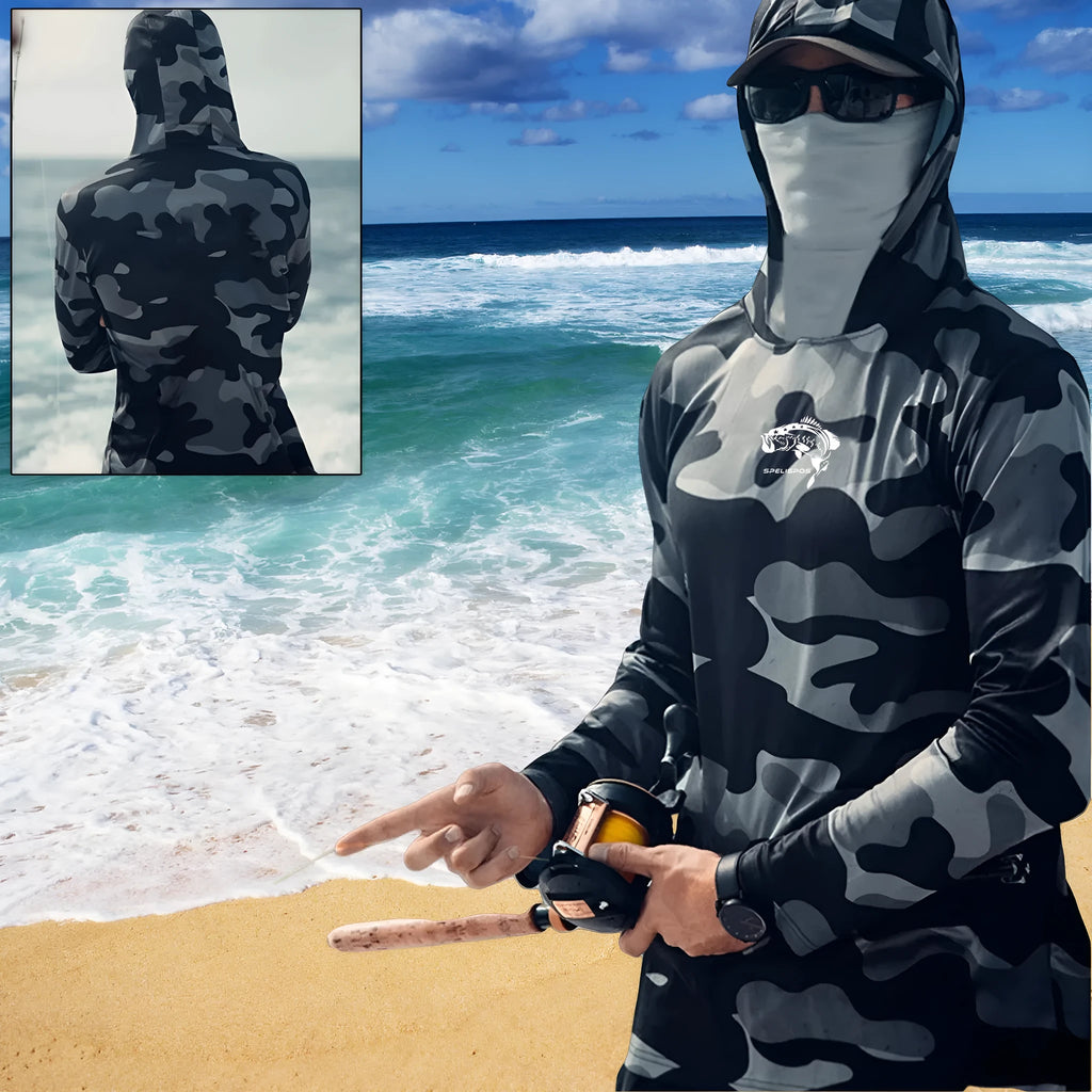 Huk long sleeve fishing hoodie shirt with mesh side panels and UPF 50+ protection.
