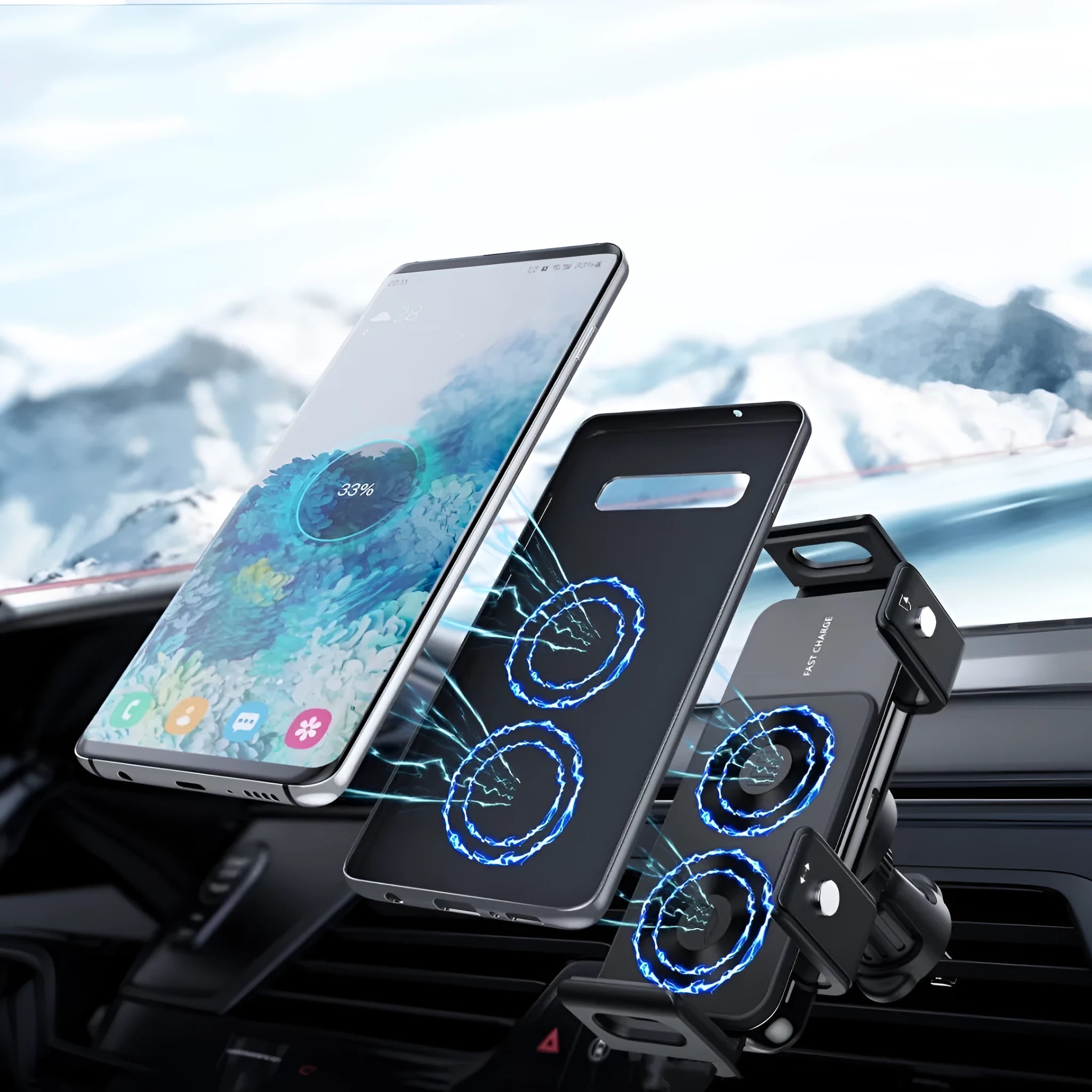 New car wireless charger mobile phone holder in silver alloy with universal fit and dedicated S20A S20B editions