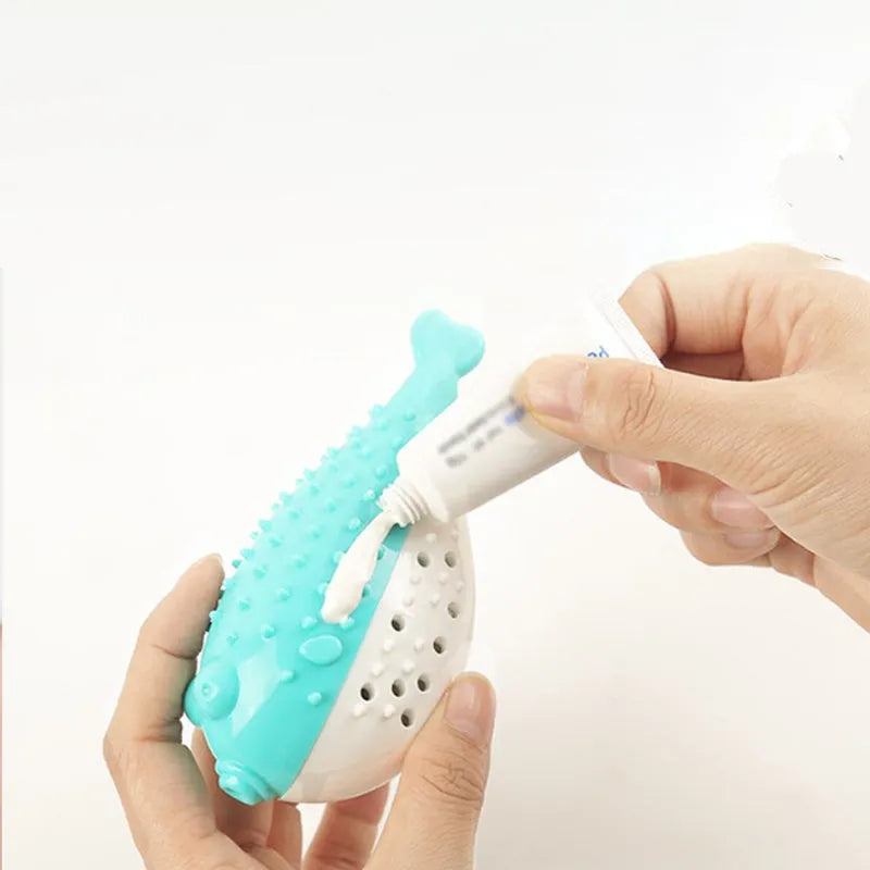 Blue silicone fish-shaped cat chew toy for dental cleaning and interactive play