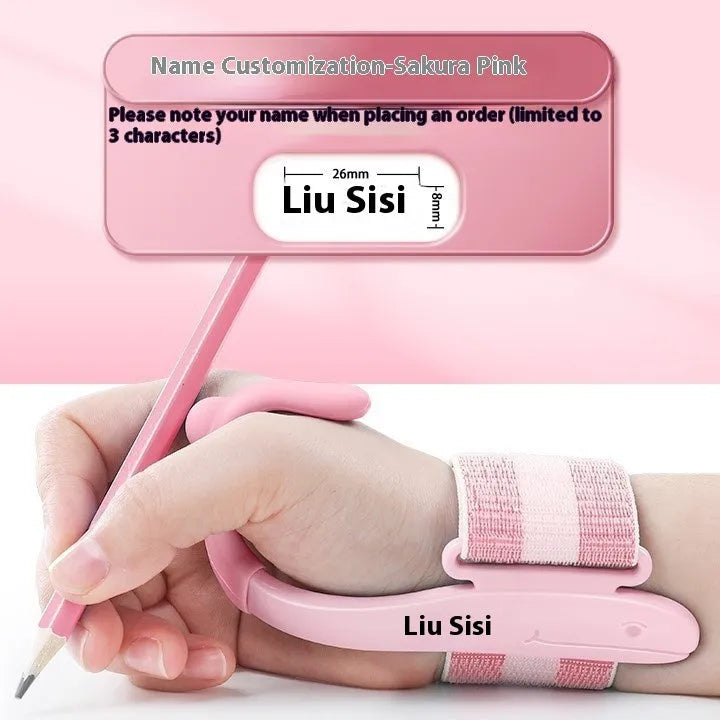 Blue anti-hook wrist brace and pen control corrector for children's writing posture on a table.
