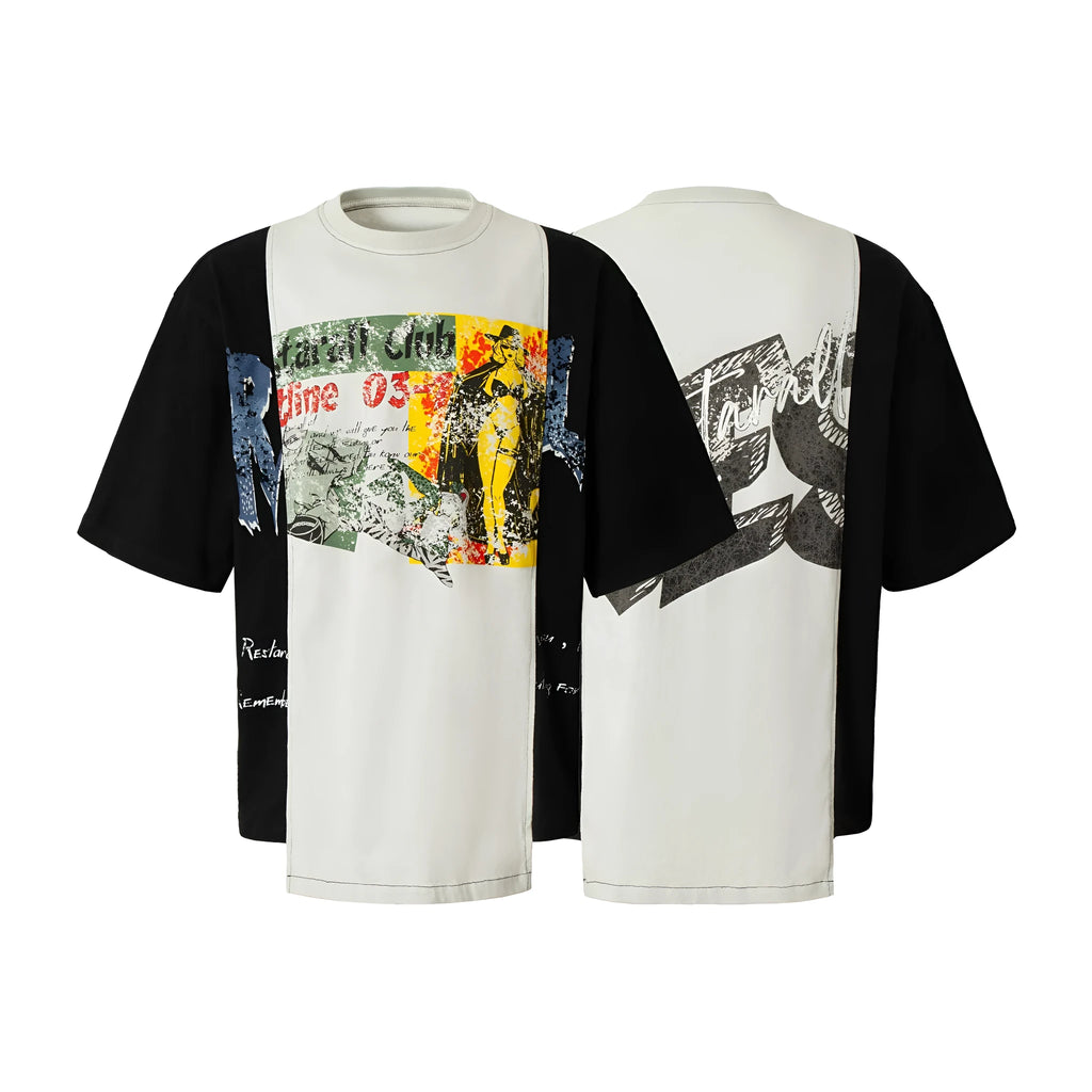 Men's black and white broken collage print t-shirt with loose fit and short sleeves