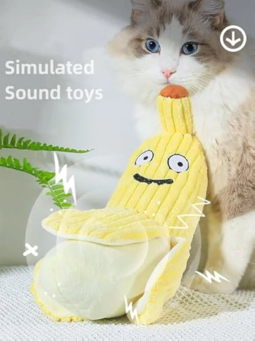 Yellow banana-shaped cat crinkle toy with soft plush material for indoor kitten chew play