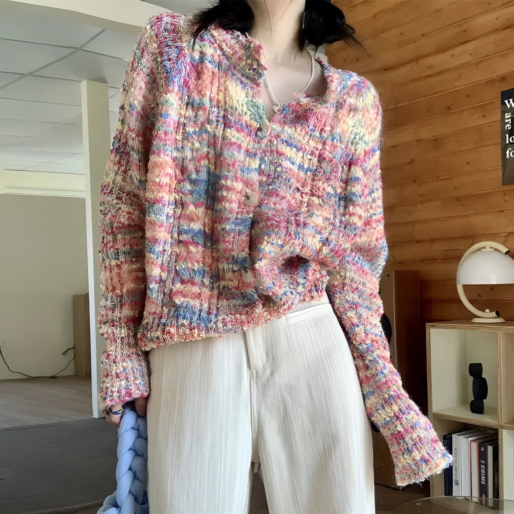 Retro rainbow pattern knitted cardigan in pink or green ice cream colours with toothbrush hair fabric