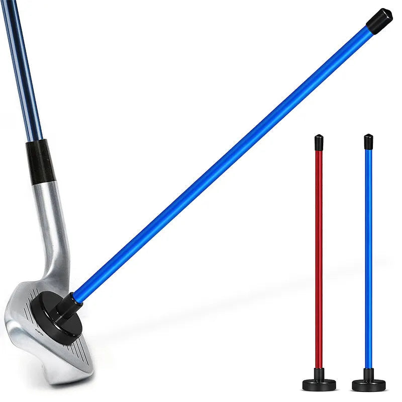 Blue aluminium alloy golf swing trainer with magnetic baseball bar for alignment.