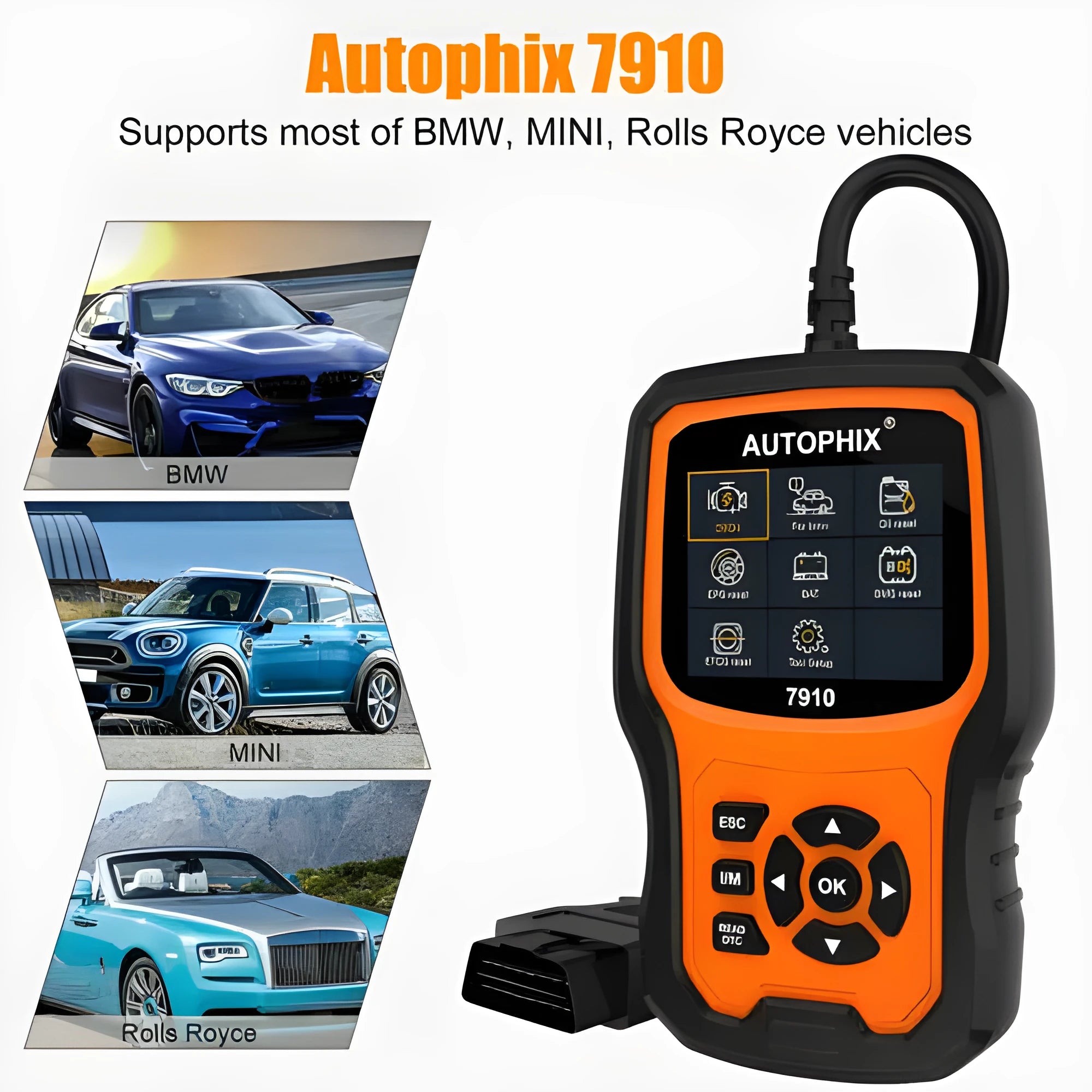 Autophix 7910 OBD2 diagnostic scanner for BMW Mini Rolls Royce vehicles on a workshop bench.