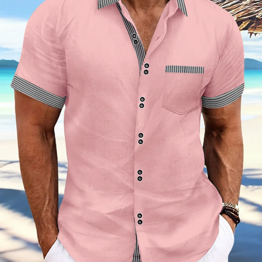 Men's slim fit striped casual shirt in pure cotton with double button short sleeves.