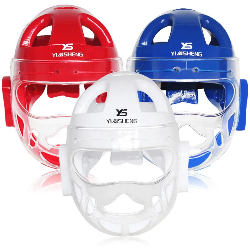 Karate boxing head protection helmet shown in white, blue, and red colour options.