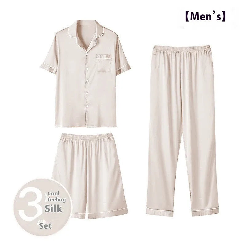 Men's ice silk three-piece homewear set in a choice of colours, showing top, shorts, and trousers.