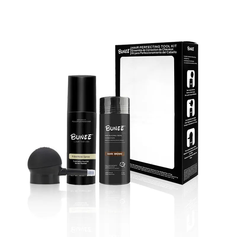 Box set of 275g hair fibre powder, styling spray, and applicator nozzle for thinning hair