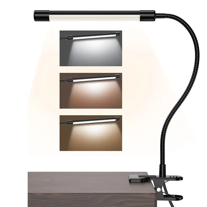 Black and white USB-powered LED desk lamp with 26cm length and eye protection technology