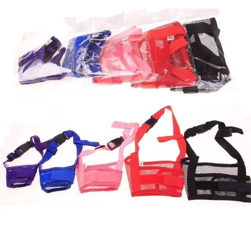 Adjustable plastic basket-style dog muzzle in red, shown on a dog's snout with quick-release buckle.