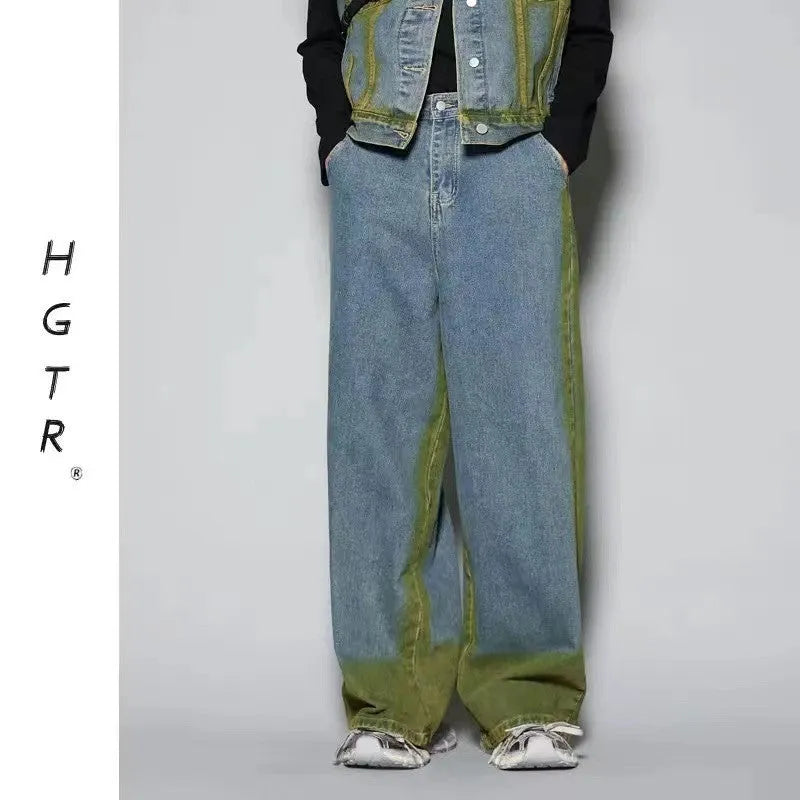 Distressed denim vest and jeans set with spray colour gradient effects and fleece lining