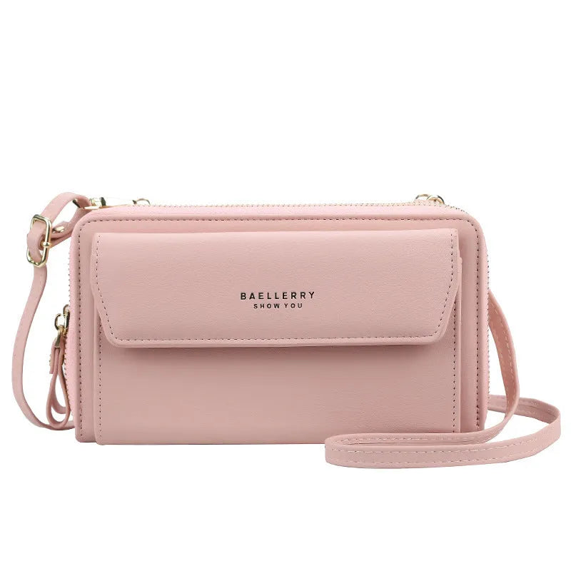 Ladies long wallet messenger bag in PU leather with double zipper, shown in multiple colour options