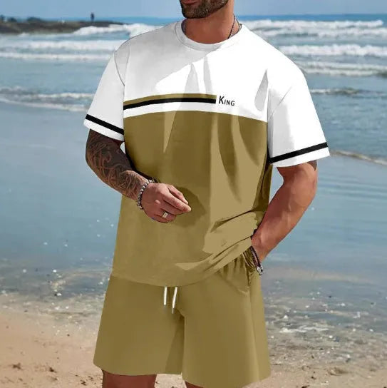 Man wearing a loose fit short sleeve t-shirt and shorts set in a solid colour for summer.