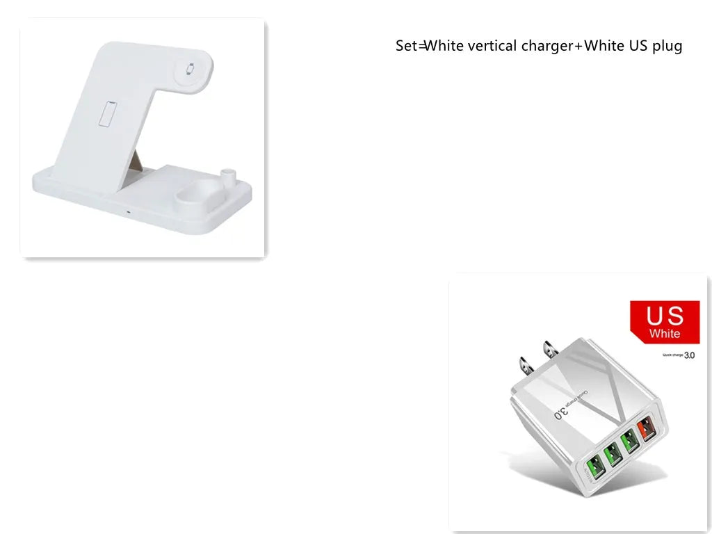 4-in-1 wireless charging station showing iPhone, Apple Watch, AirPods and Apple Pencil charging simultaneously on adjustable stand
