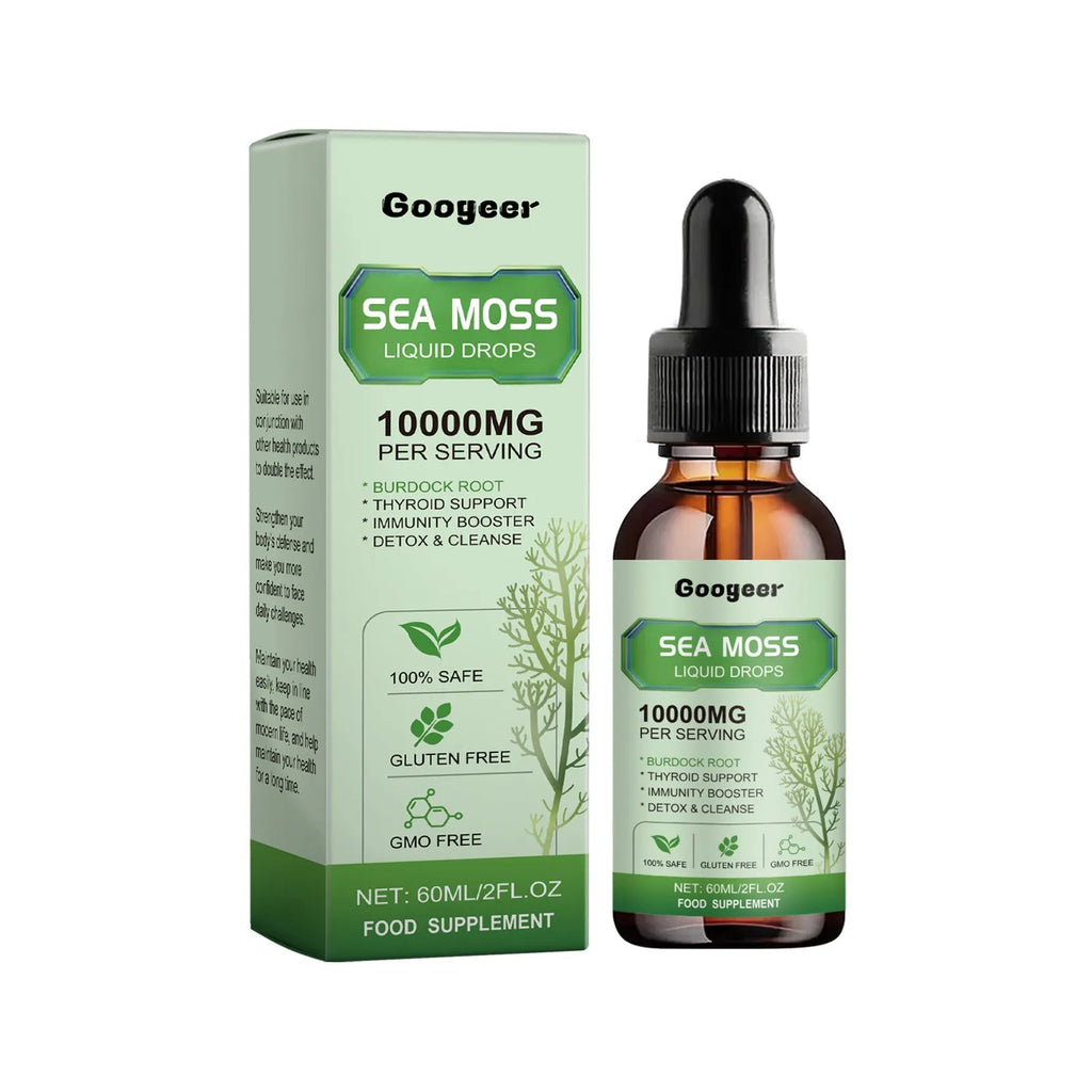 Googeer Sea Moss Liquid Drops body treatment bottle, 60ml capacity, 3.3x12cm.
