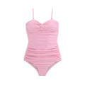Women's black high-waisted one-piece swimsuit with removable shoulder straps on a mannequin.