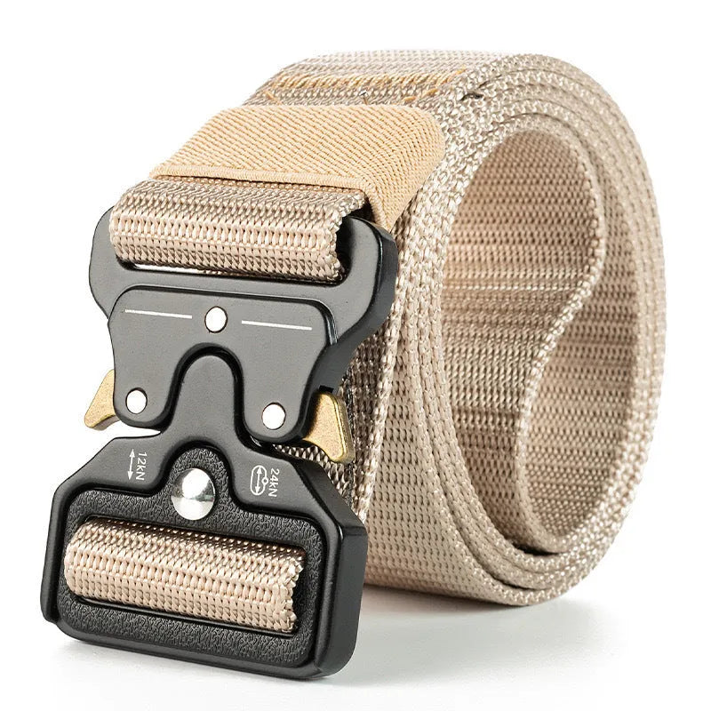 Men's thick canvas tactical belt with an alloy release buckle shown in Army Green colour.