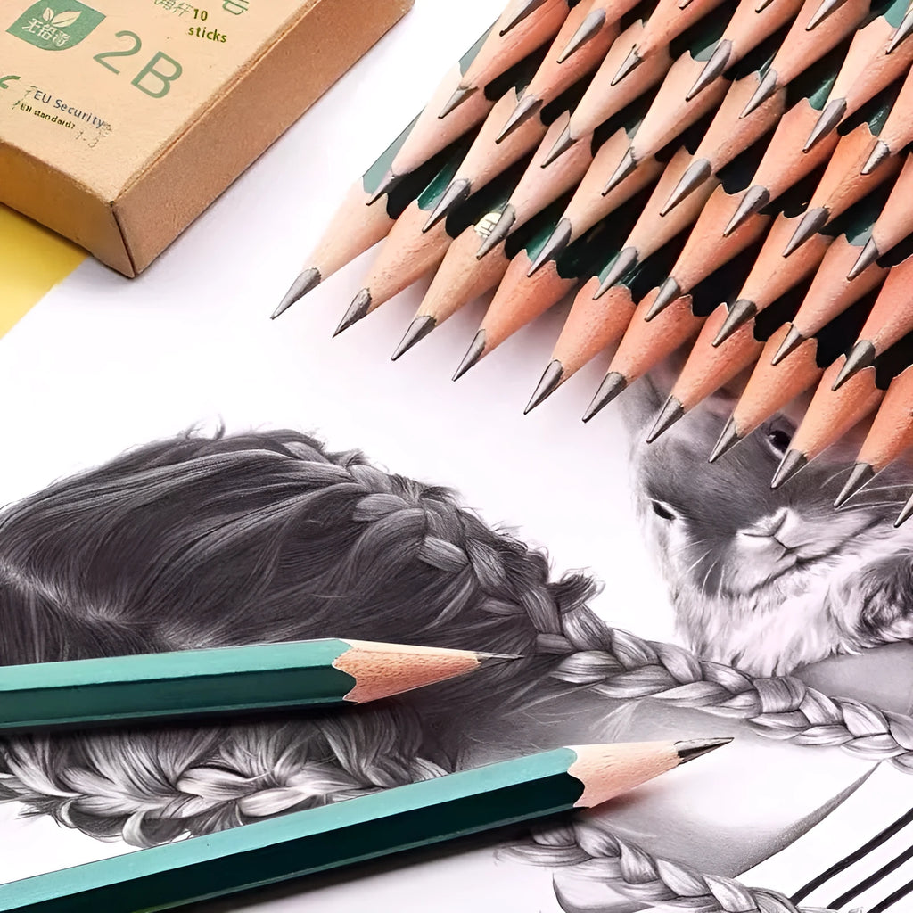 Green Rod box containing ten wooden hexagonal pencils with HB and 2B graphite grades.