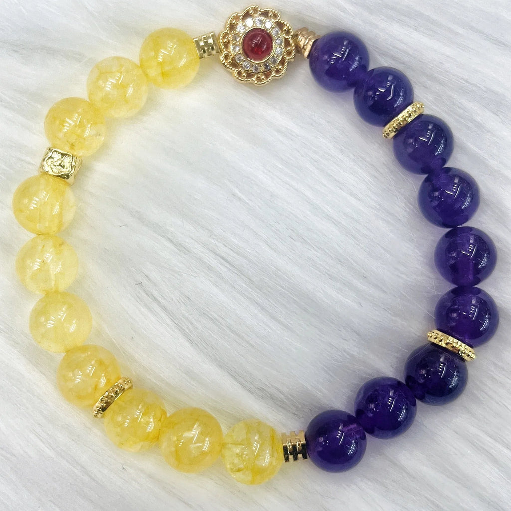 Handmade women's yellow and purple amethyst crystal bracelet with secure clasp fastening