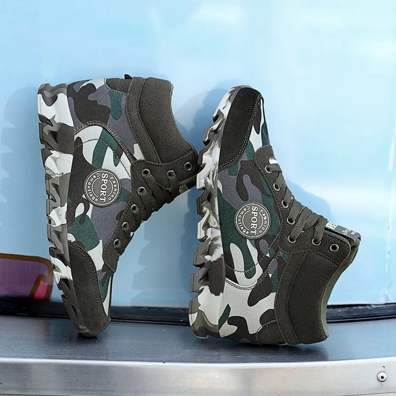 Green camouflage canvas women's sneakers with increased sole height and lace-up design
